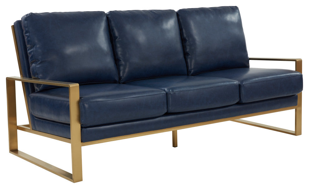 LeisureMod Jefferson Modern Design Faux Leather Sofa With Gold Frame, Navy Blue