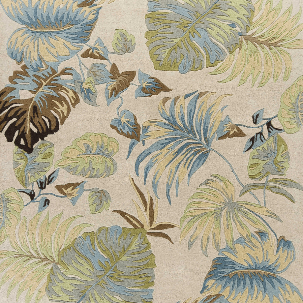 3'X4' Ivory Blue Hand Tufted Tropical Leaves Indoor Area Rug