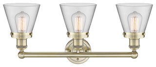 Edison Small Cone 3-Light 25" Vanity Light, Antique Brass Finish, Clear Shade