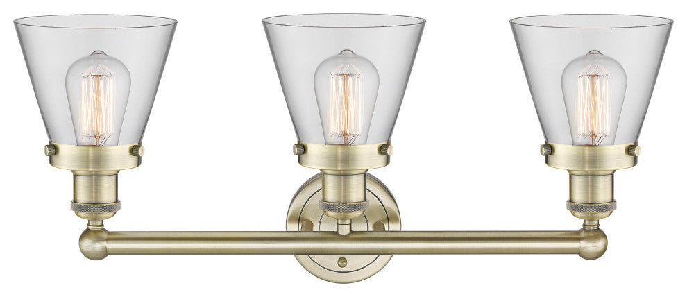 Edison Small Cone 3-Light 25" Vanity Light, Antique Brass Finish, Clear Shade