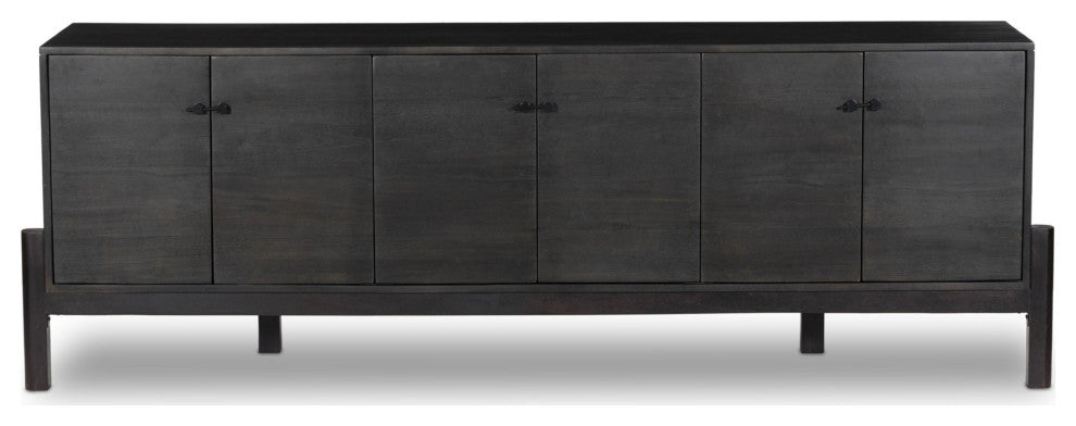 Reza Media Console Worn Black Parawood, Gunmetal Black, Worn Black Acacia