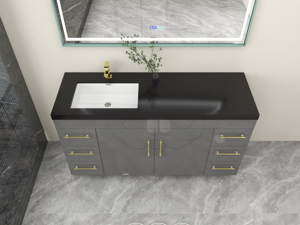 Rosa 60" Free Standing Modern Vanity, High Gloss Gray, Matt Black Top
