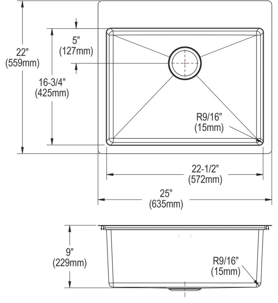 ECTSR25229TBG2 Crosstown Stainless Steel 25" x 22" Dual Mount Sink Kit, 2 Holes