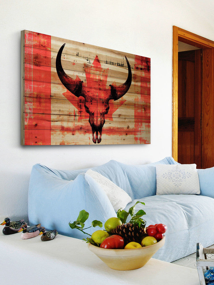 "Red Leaf Skull" Print on Natural Pine Wood, 60"x40"
