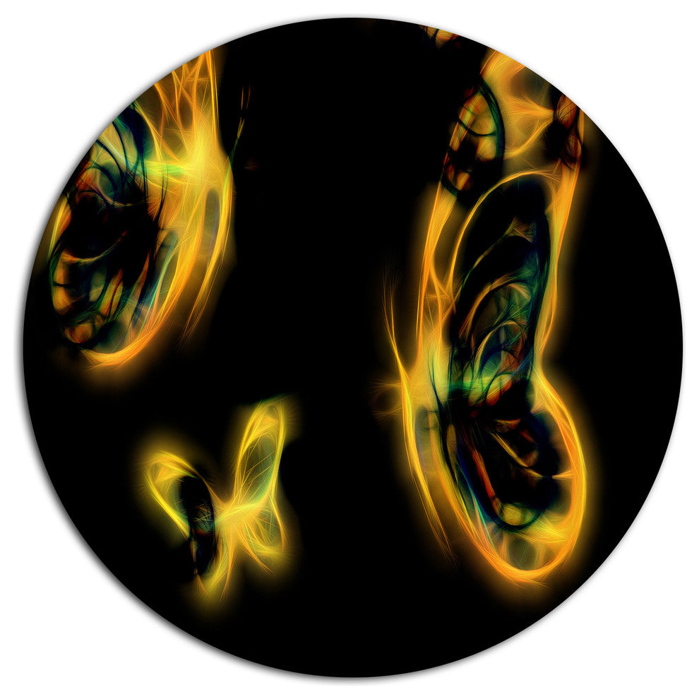 Yellow Fractal Butterflies On Black, Flower Round Metal Wall Art, 36"