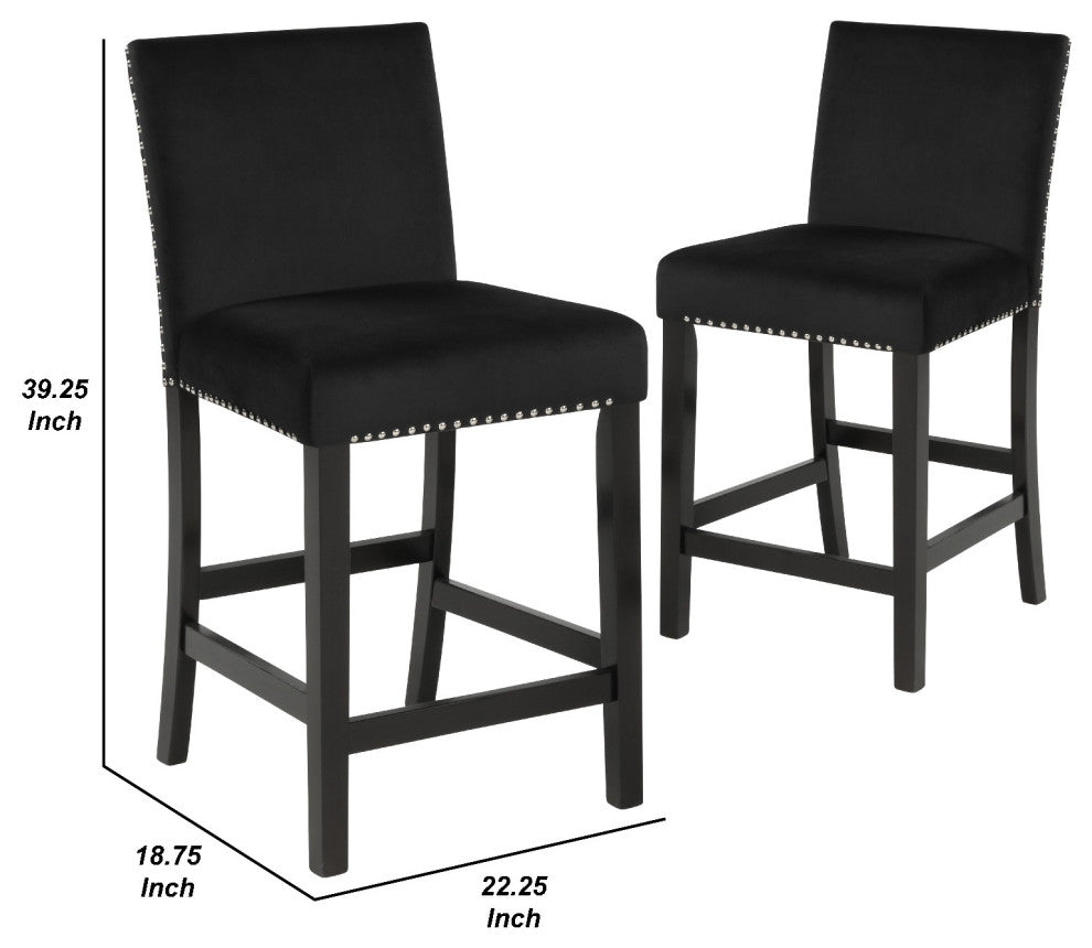 Benzara BM272107 Kate 40" Wooden S/2 Counter Height Chair, Velvet Seat, Black