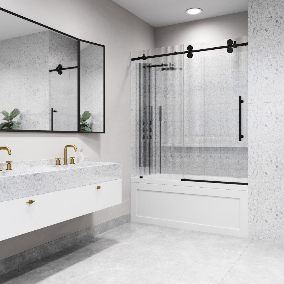 VIGO Elan 56" to 60" W x 66" H Frameless Sliding Tub Door, Right, Fluted Glass
