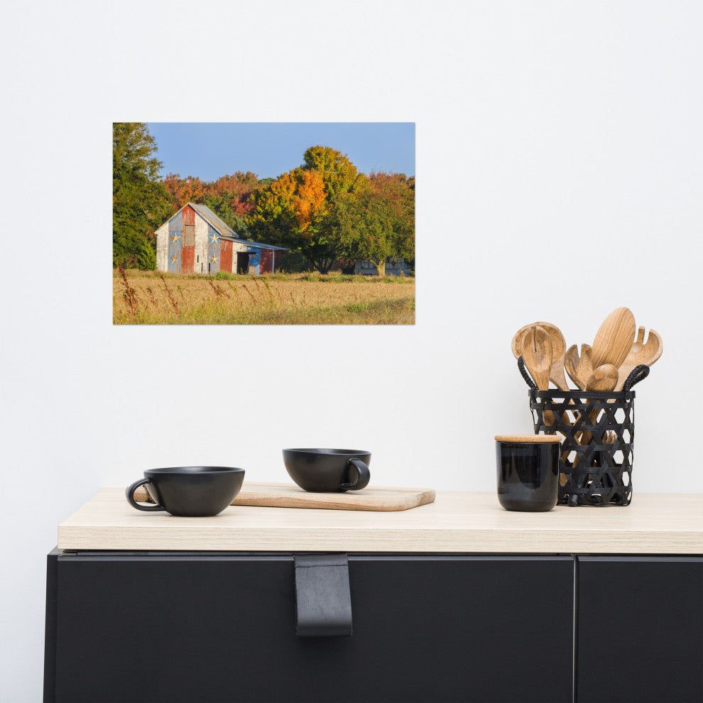 Patriotic Barn in Field Landscape Photo, Rural Unframed Wall Art Print, 12" X 18"