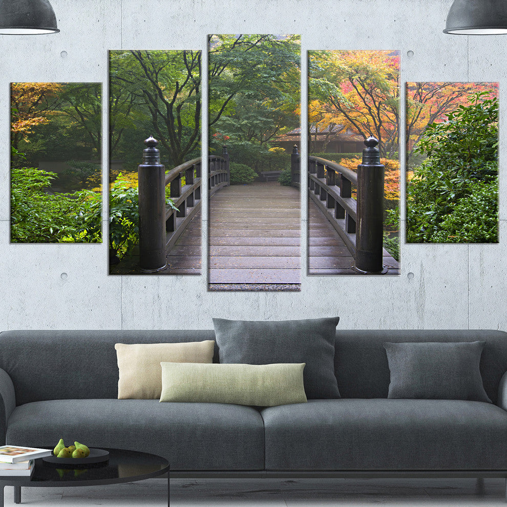 Wood Bridge at Japanese Garden In Fall, Bridge Canvas Print, 60"x32", 5 Panels