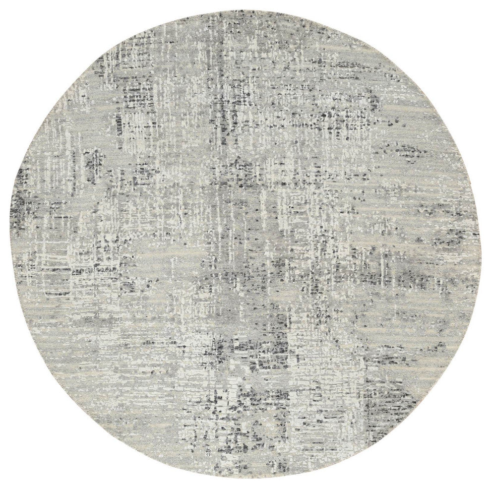 Light Gray, Modern Design, Natural Wool, Hand Knotted Round Rug, 6'0"x6'0"