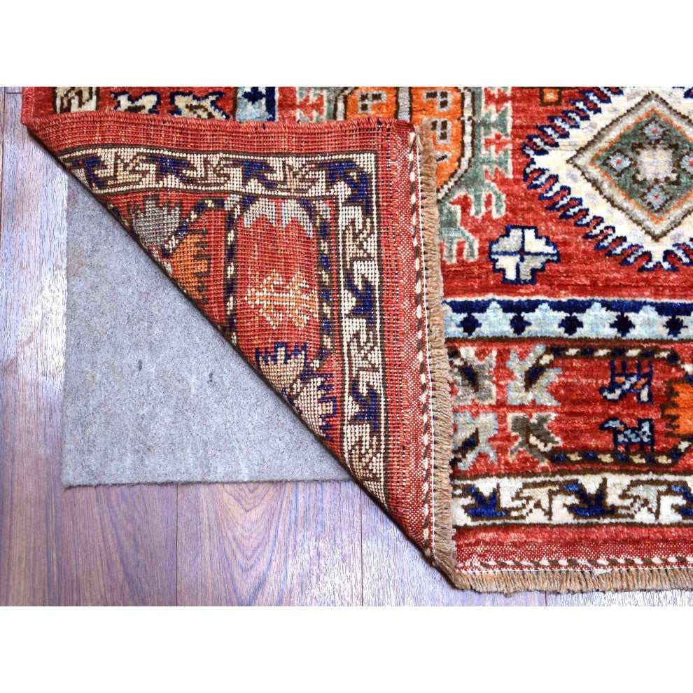 Coral Red Afghan Ersari Elements Design Hand Knotted Wool Runner Rug 4'0" x 9'7"