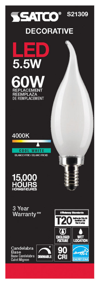 5.5W CA10 LED, Frost, Candelabra Base, 90 CRI, 4000K, 120V