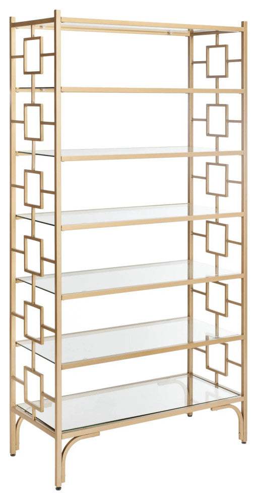 Contemporary Bookcase, Clear Glass Shelves With Geometric Accented Sides, Gold