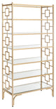 Contemporary Bookcase, Clear Glass Shelves With Geometric Accented Sides, Gold