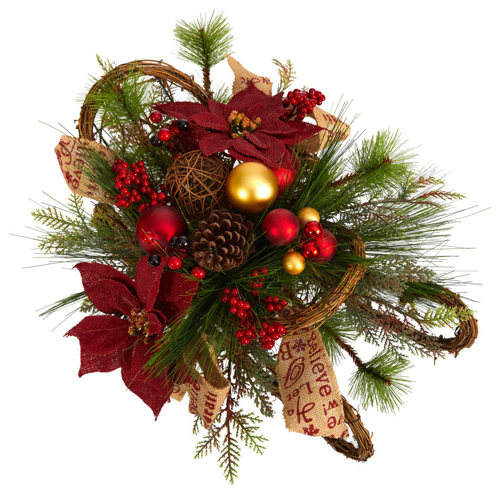 18" Christmas Sleigh With Poinsettia, Berries, Pinecone Arrangement