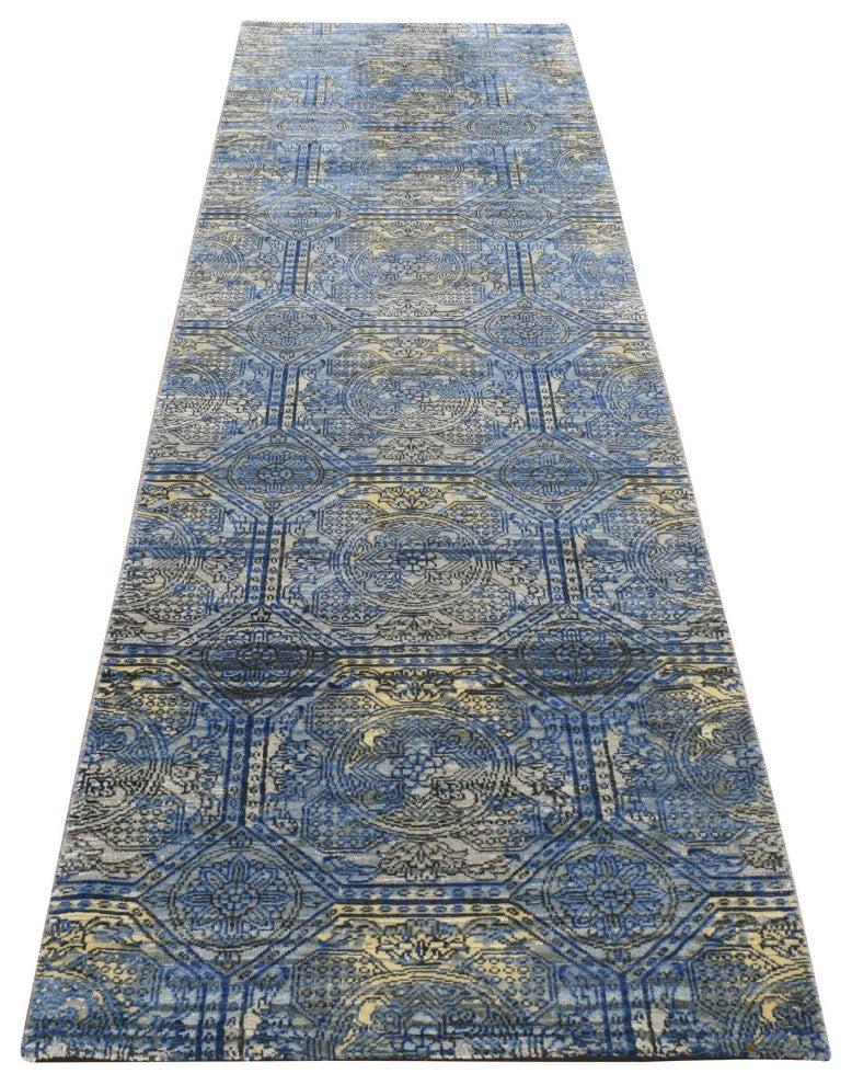 Blue Repetitive Rosette Design Silk With Wool Hand Knotted Runner Rug 2'8"x9'1"