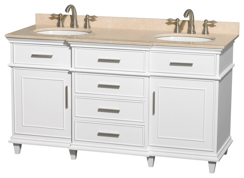 Berkeley 60" White Double Vanity, Ivory Marble Top, Um Rd Sinks, 56"