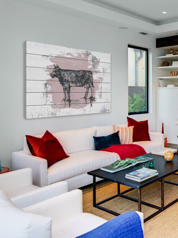 "Tranquil Cow" Painting Print on White Wood, 60"x40"