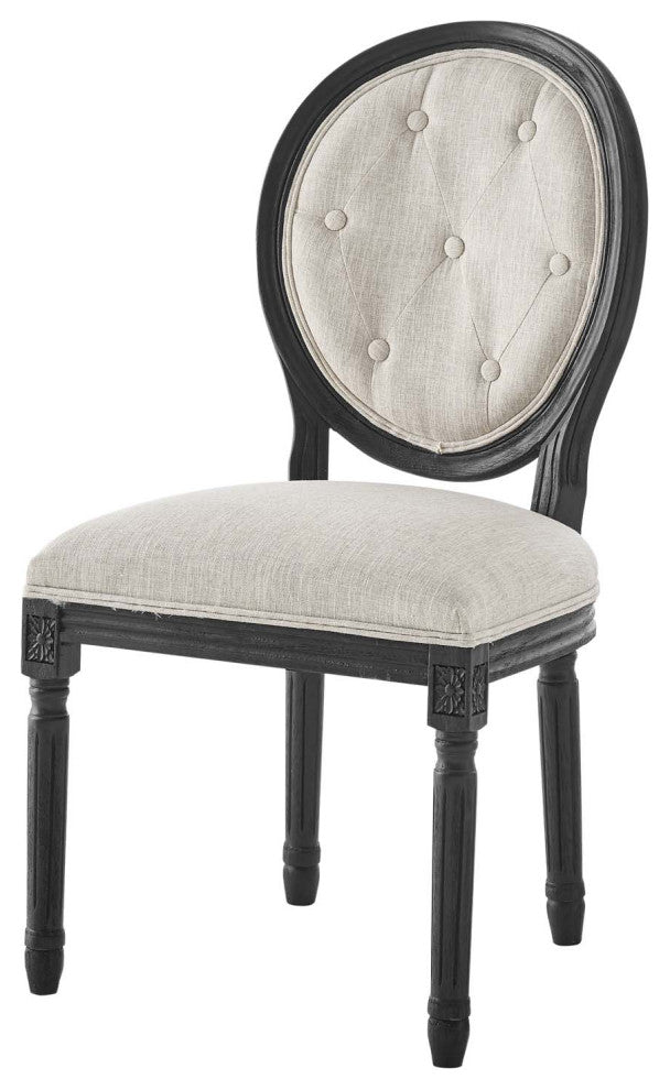 French Vintage Side Dining Chair, Fabric, Wood, Black Beige, Modern, Cafe Bistro