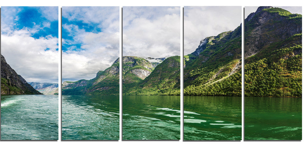 Green Lake Sognefjord Norway, Landscape Canvas Art Print, 60"x28", 5 Panels