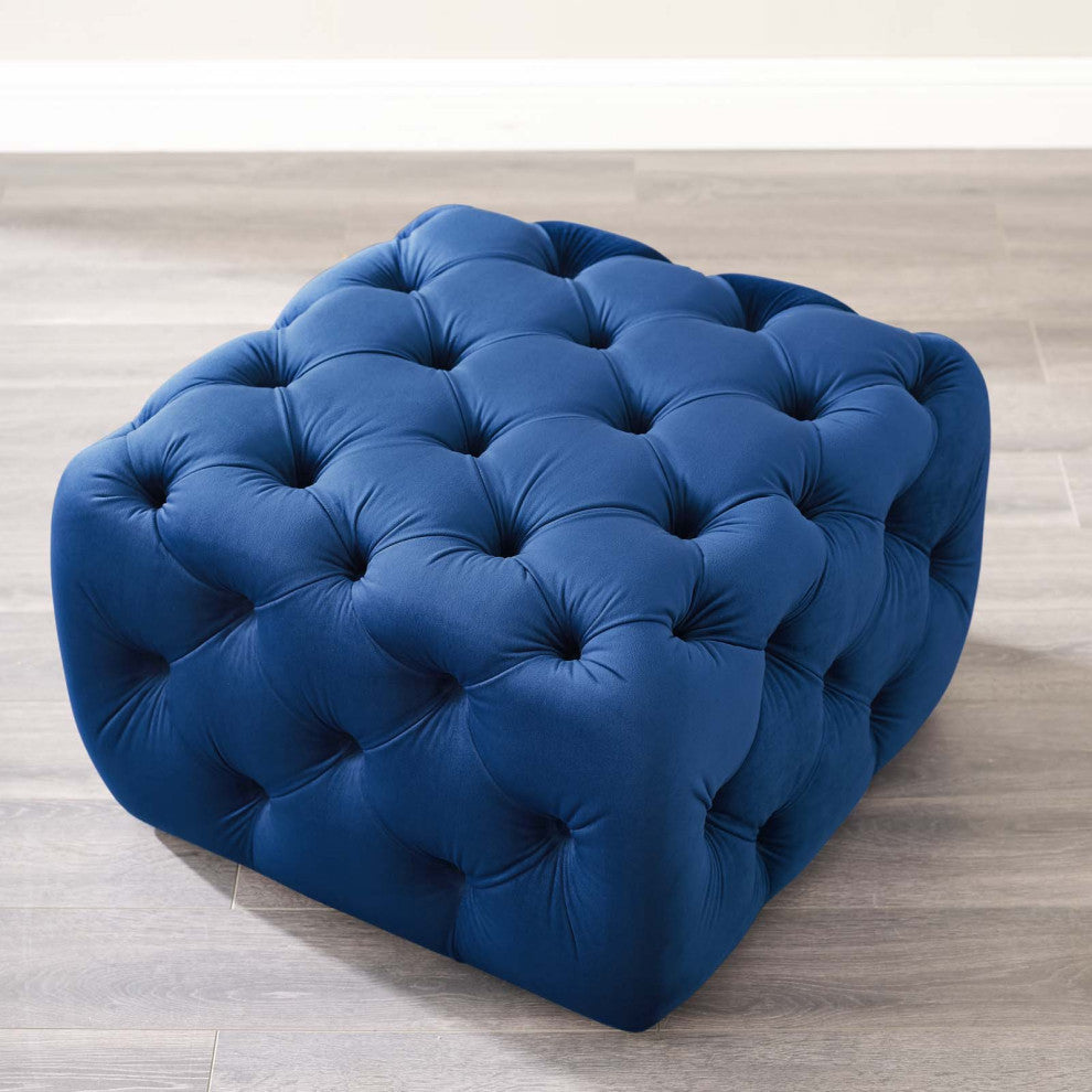 Tufted Accent Chair Ottoman, Square, Velvet, Blue Navy, Modern, Lounge