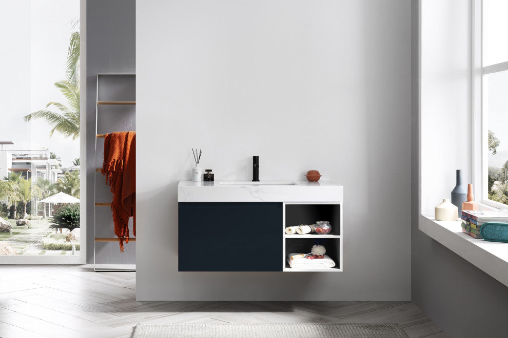 Manarola Matte Black with Thick Quartz Wall Mount Vanity, Open Shelf, 42"