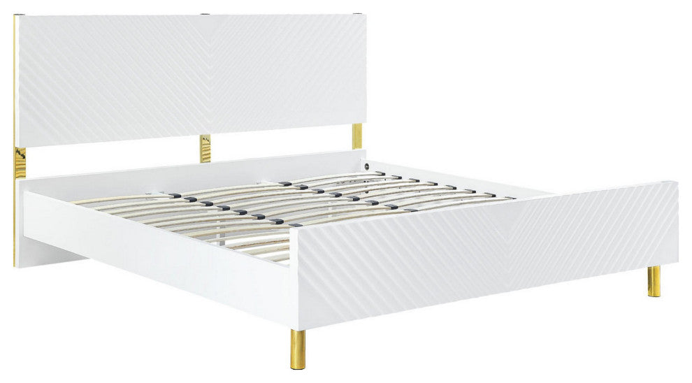 Benzara BM284040 Modern Wood King Bed, Panel Headboard, Chevron, White, Gold