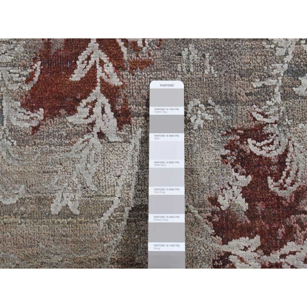 Stone Gray, Broken Tulip Design, Silk With Wool, Hand Knotted Rug, 5'2"x7'1"