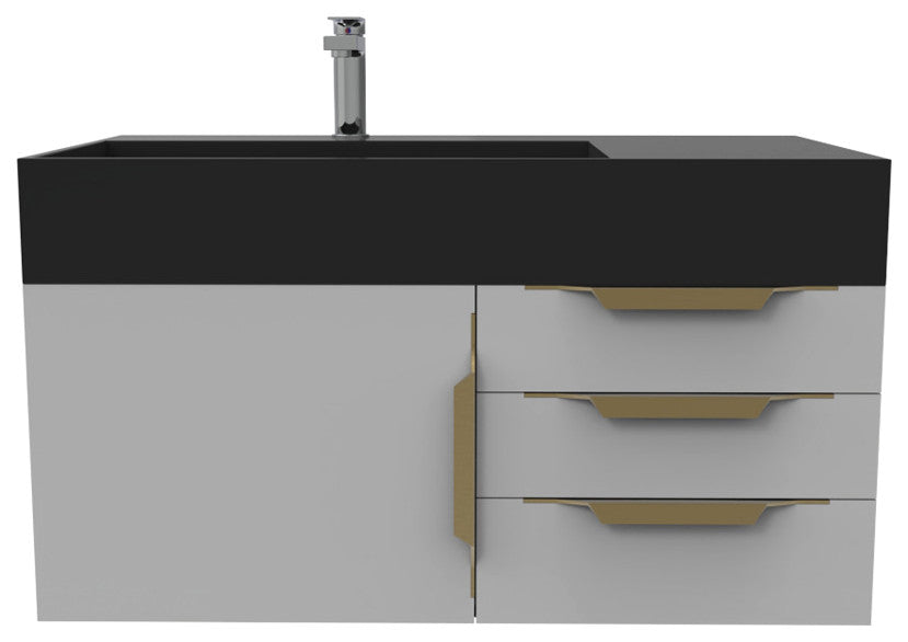 CastelloUSA Amazon 36" Wall Mount Vanity Set, Gray, Black Top, Gold Handles
