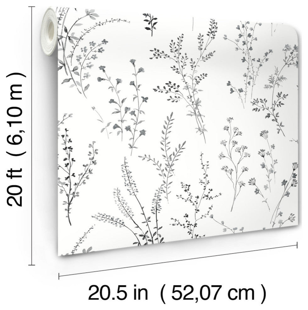 Black & White Wildflower Sprigs Peel & Stick Wallpaper