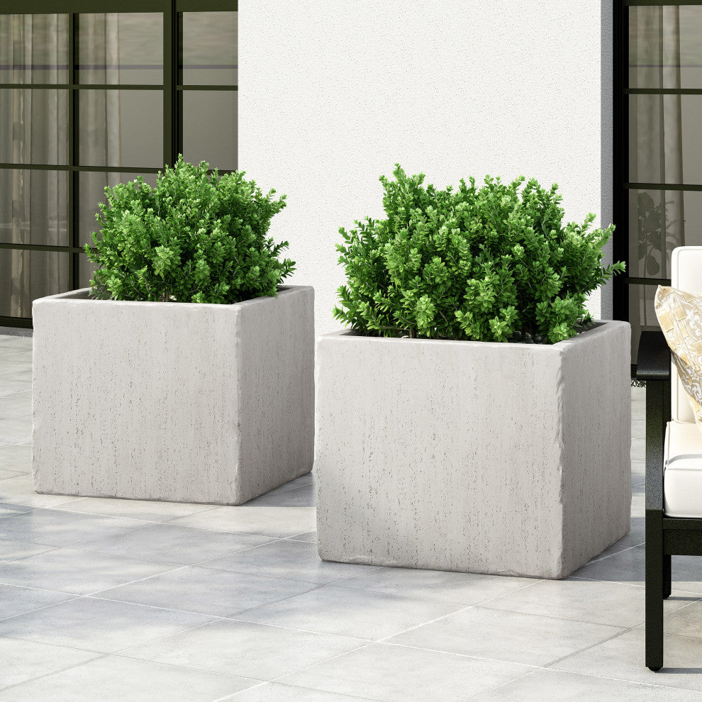 Felipe Outdoor Cast Stone Square Planters, Set of 2, White, Large