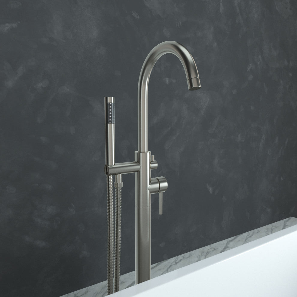 Floor Mounted Stainless Steel Handle Bathtub Faucet, Handheld, Brush Nickel