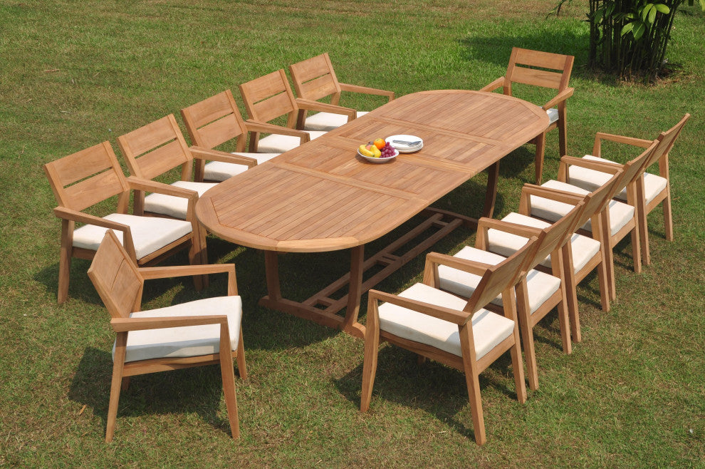 13-Piece Outdoor Teak Dining: 117" Masc Oval Table, 12 Celo Stacking Arm Chairs