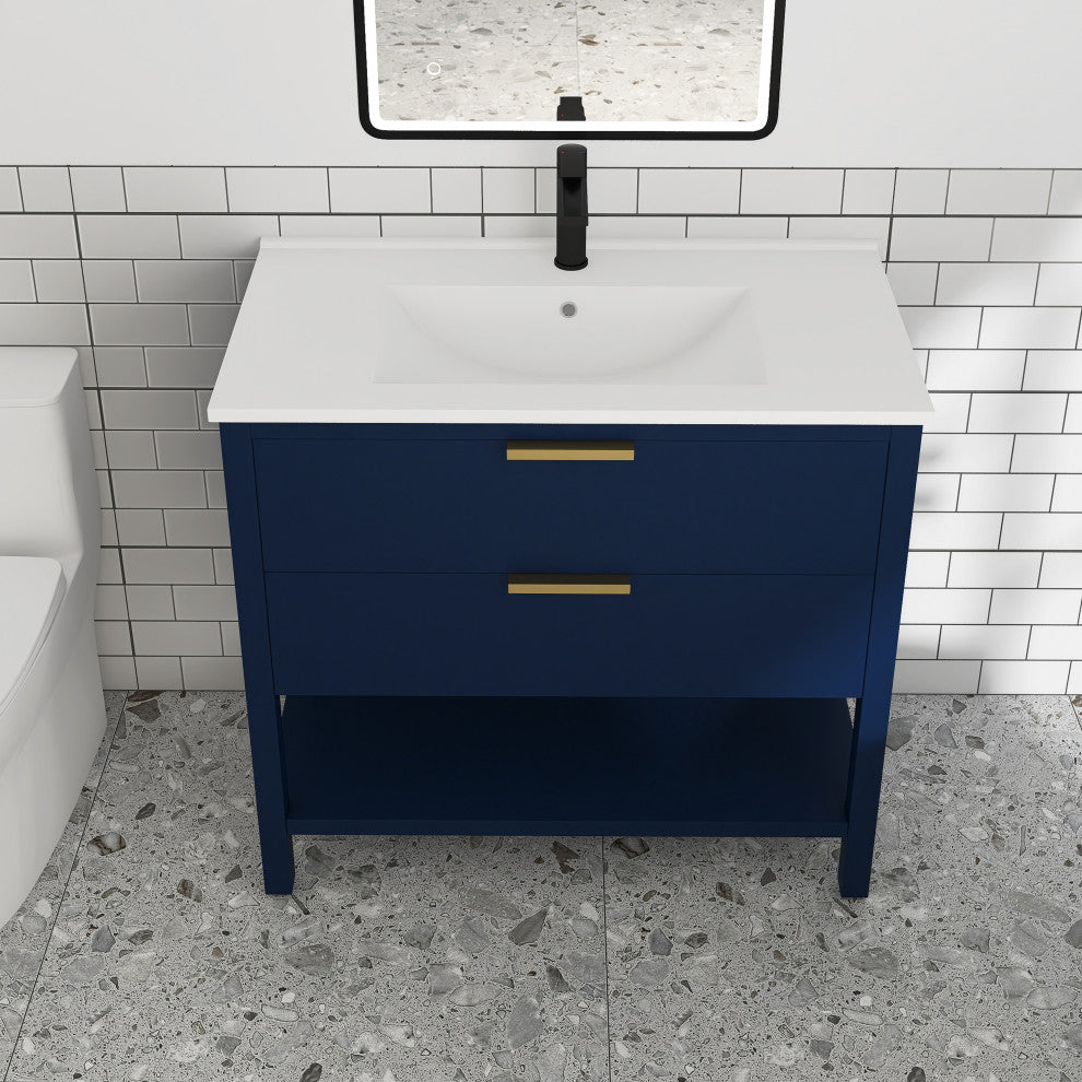 36 inch Plywood Freestanding Bathroom Vanity Set with Ceramic White Sink, Navy Blue