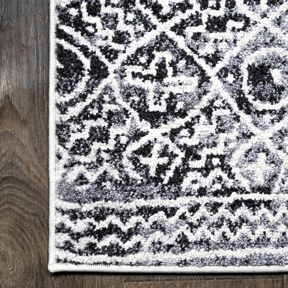 Iften Moroccan Geometric Distressed Ivory/Black 2 ft. x 10 ft. Runner Rug