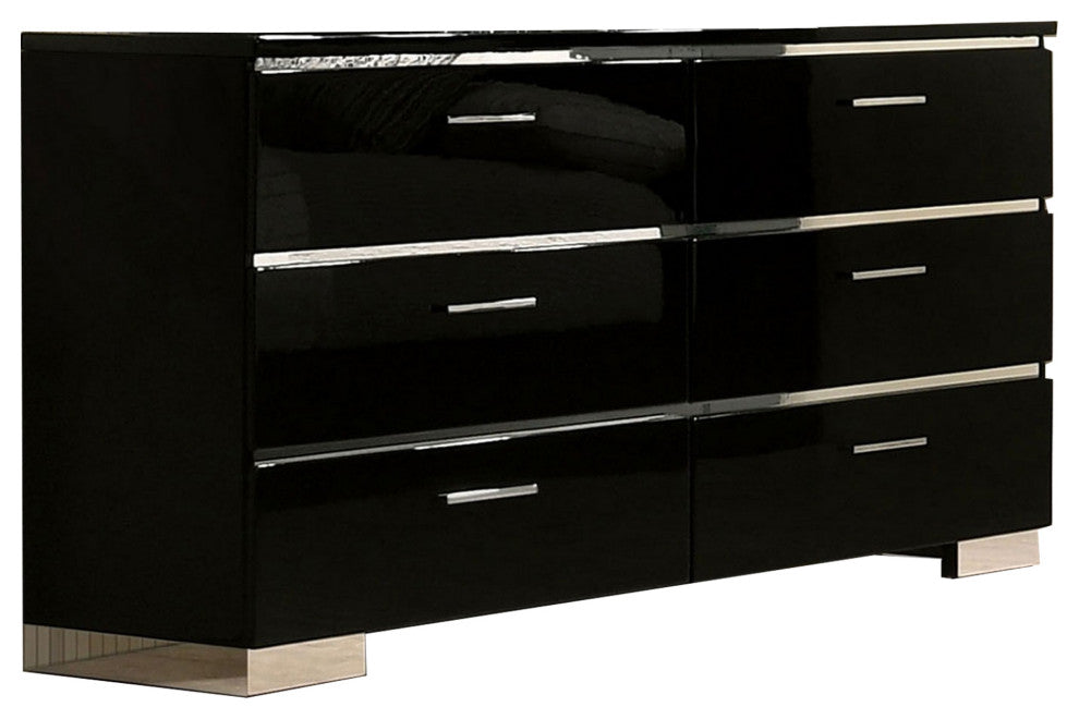 63 Inches 6 Drawer Dresser with Metal Legs, Black and Chrome