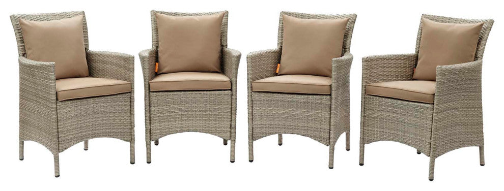 Side Dining Chair Armchair, Set of 4, Rattan, Wicker, Gray Brown, Outdoor