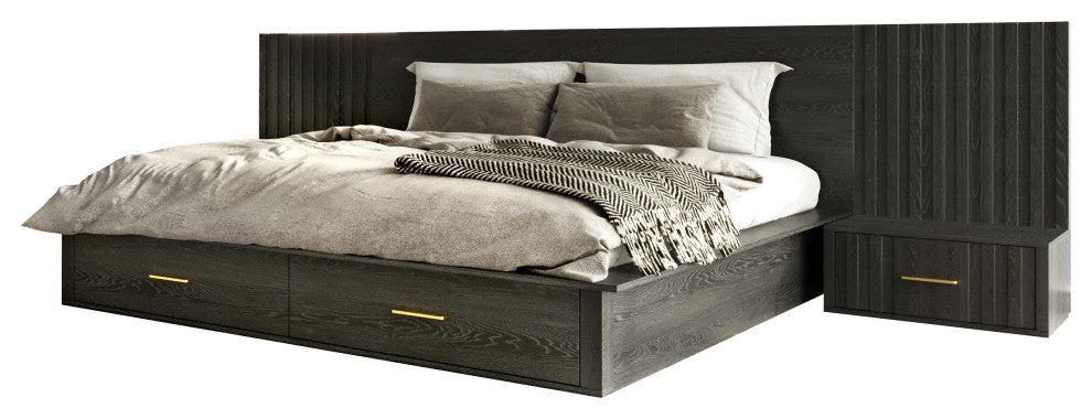 Modrest Manchester- Platform Dark Grey Bed With Two Nightstands, Queen