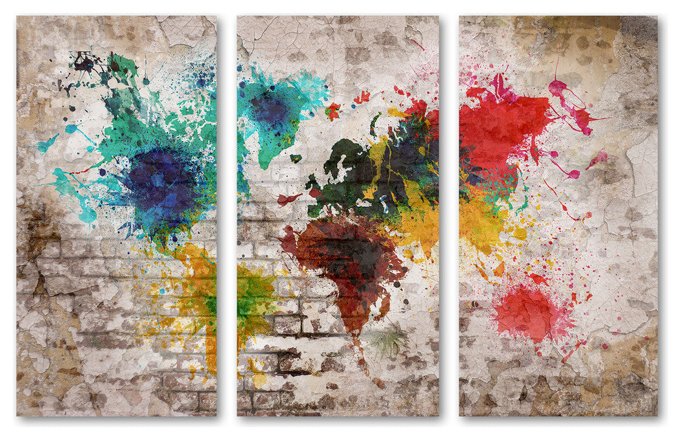 Beige Brick Wall Art World Map Canvas Print 3 Panel Split Triptych