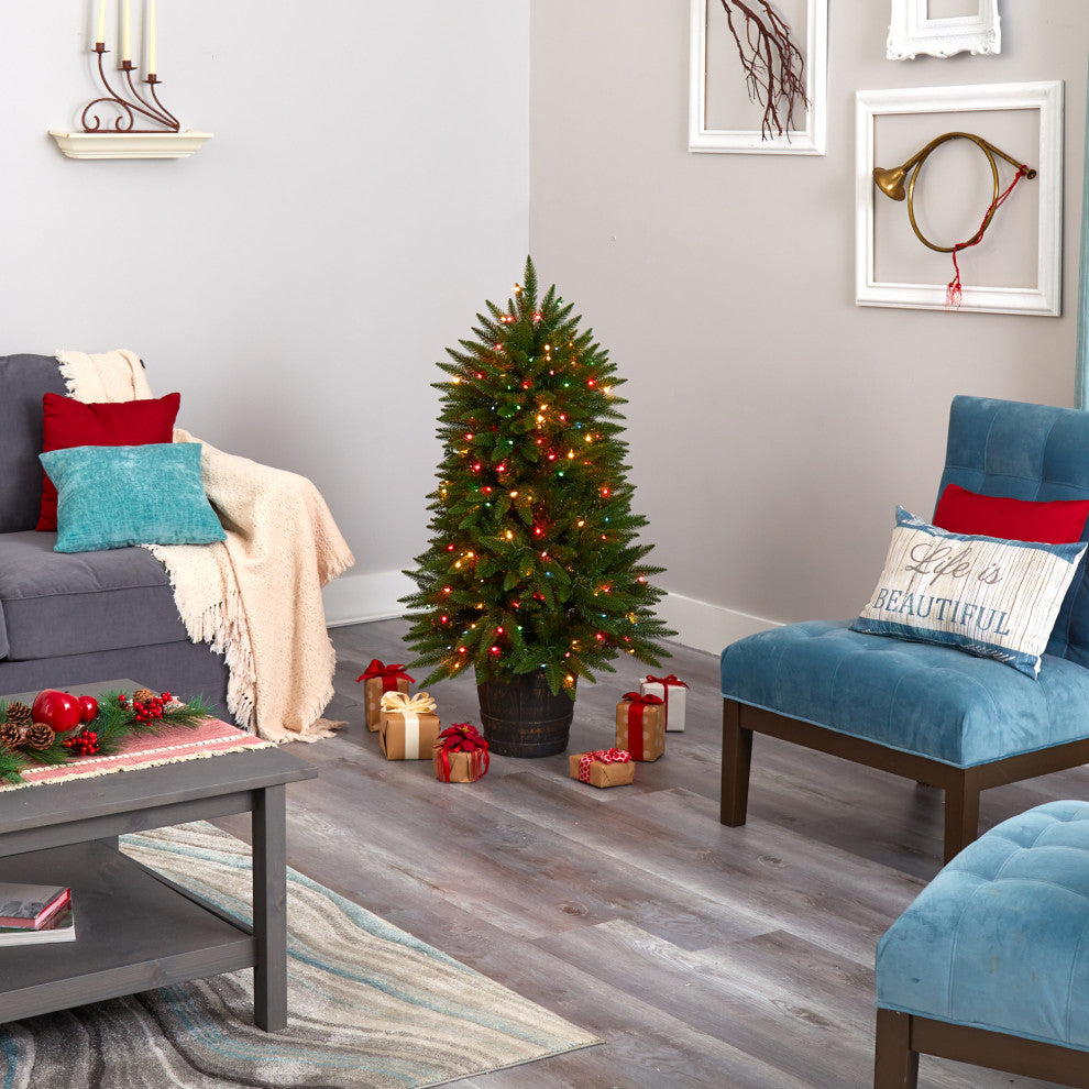 5' Sierra Fir Faux Xmas Tree W/Multicolor Lights & Bendable Branches, Container