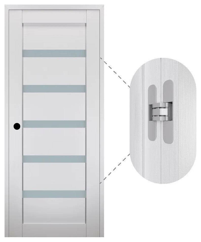 Leora Bianco Noble with Concealed Hinges, Tempered Frosted Glass, Solid Core, 24" X 80", Right-Hand