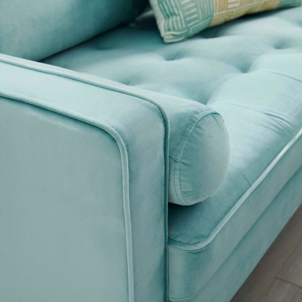Loveseat Sofa, Velvet, Blue, Modern, Living Lounge Room Hotel Lobby Hospitality