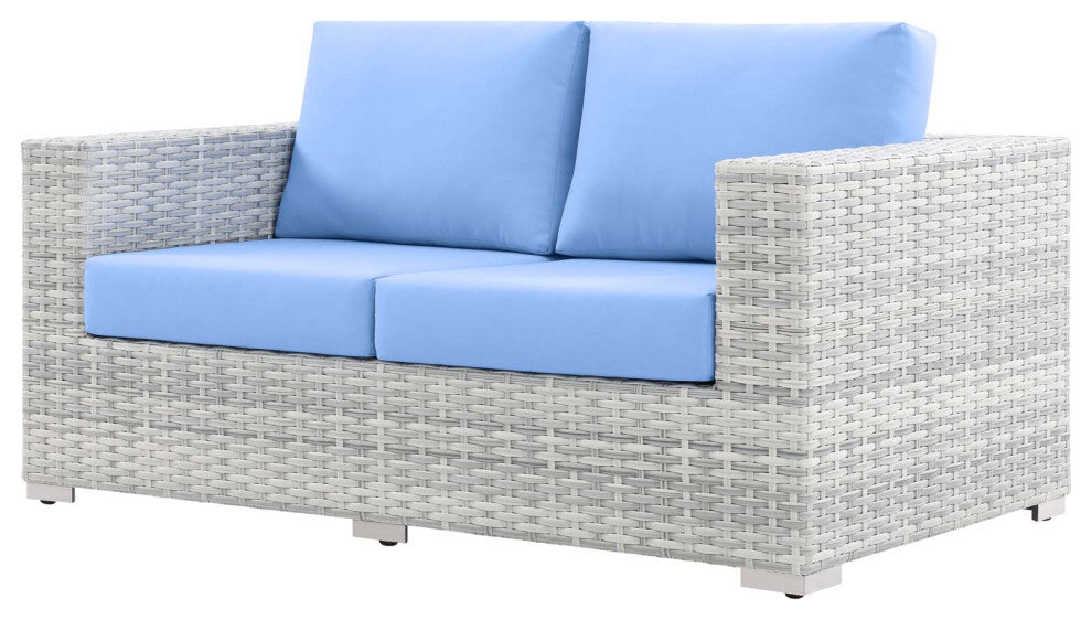 Lounge Loveseat Sofa, Rattan, Wicker, Gray Blue, Modern, Outdoor Patio Cafe