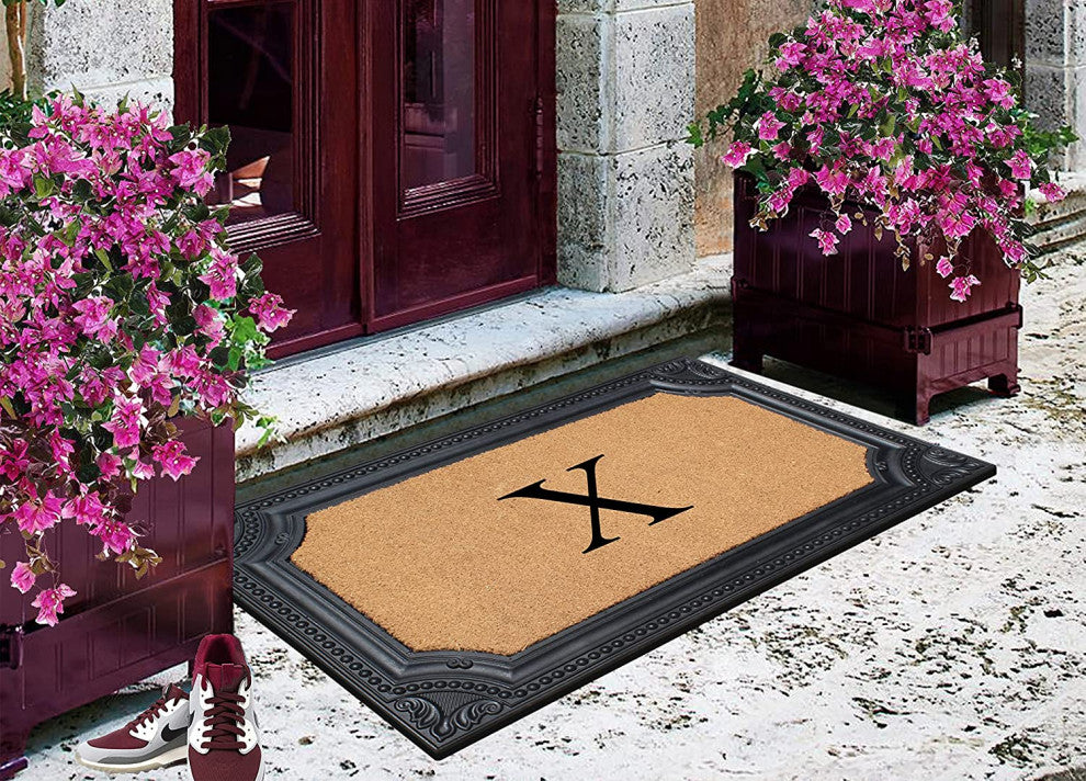 Angela Bronze Finished Black/Beige 24"x39" Monogrammed Doormat, X
