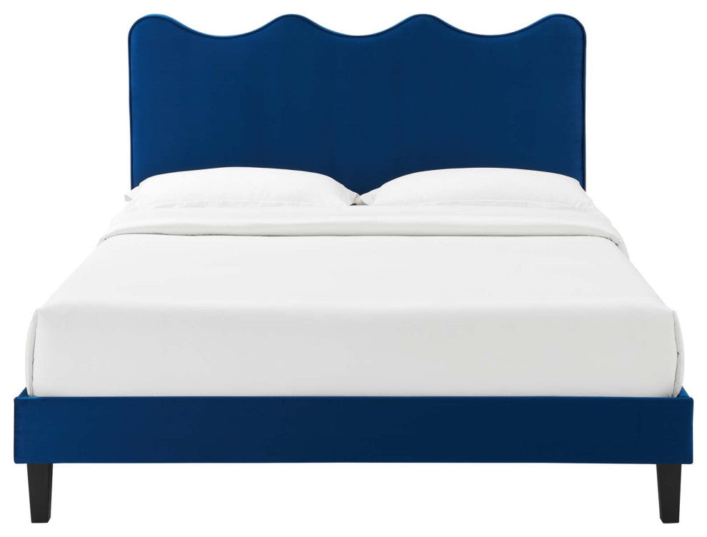 Platform Bed Frame, King Size, Blue Navy, Velvet, Modern, Bedroom Guest Suite