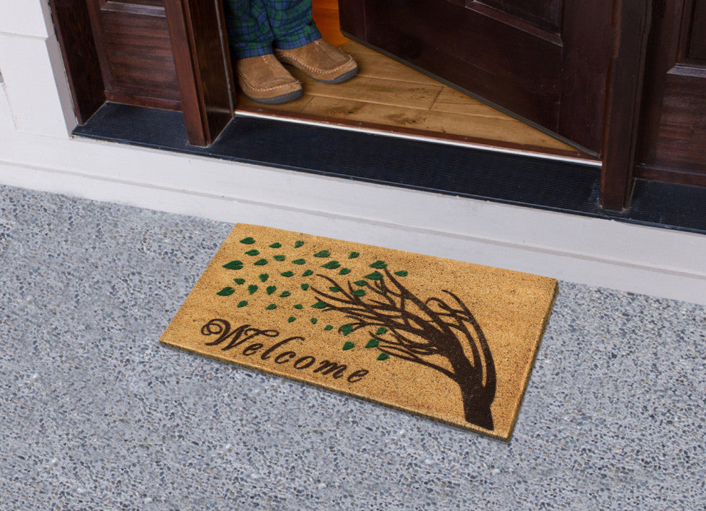 A1HC Floral Natural Coir Front Door, Anti-Shed Treated Durable Doormat 18"X30"