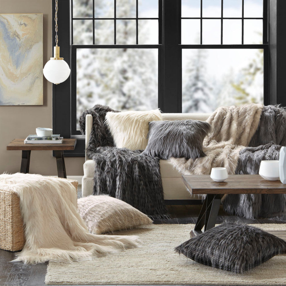 Madison Park Edina Faux Fur, Black, Throw Pillow