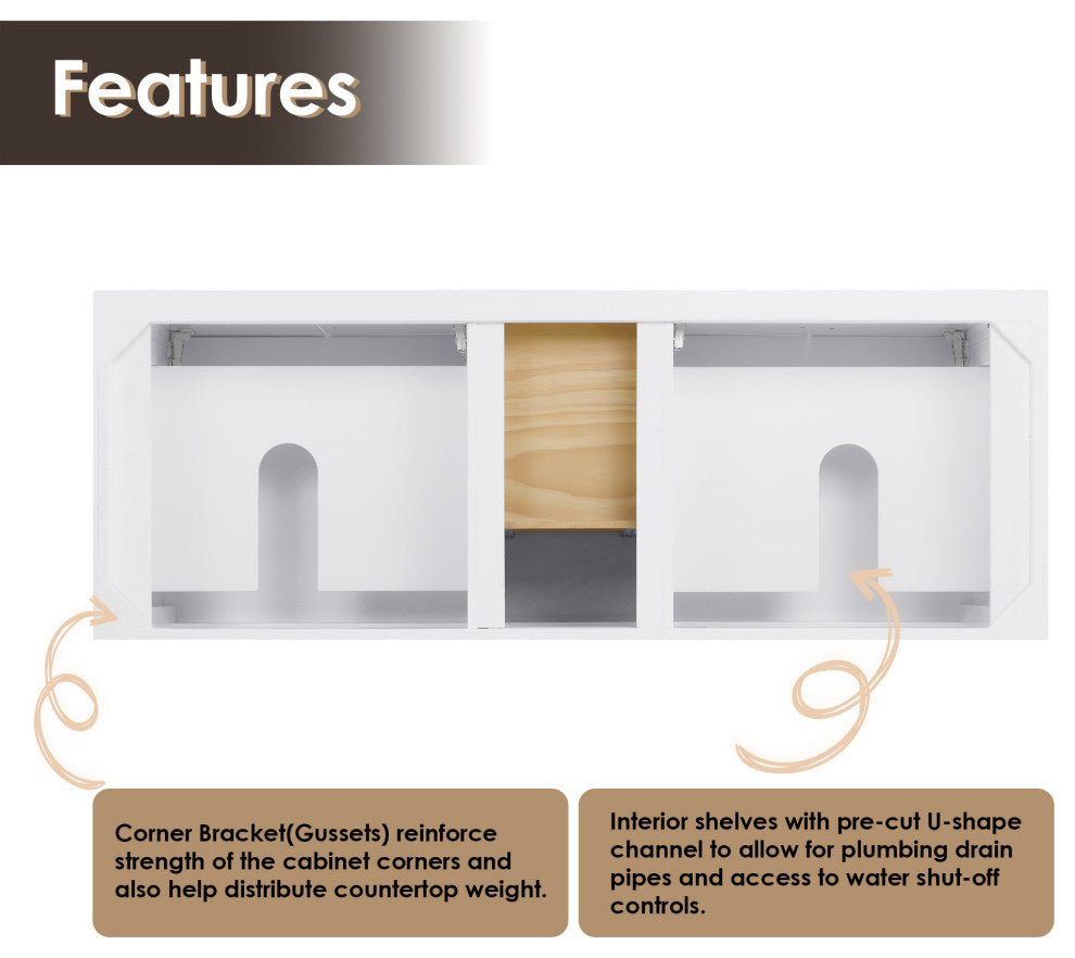 Laurel Bathroom Vanity with Calacatta White Quartz Stone Countertop, White, 60", Without Mirror