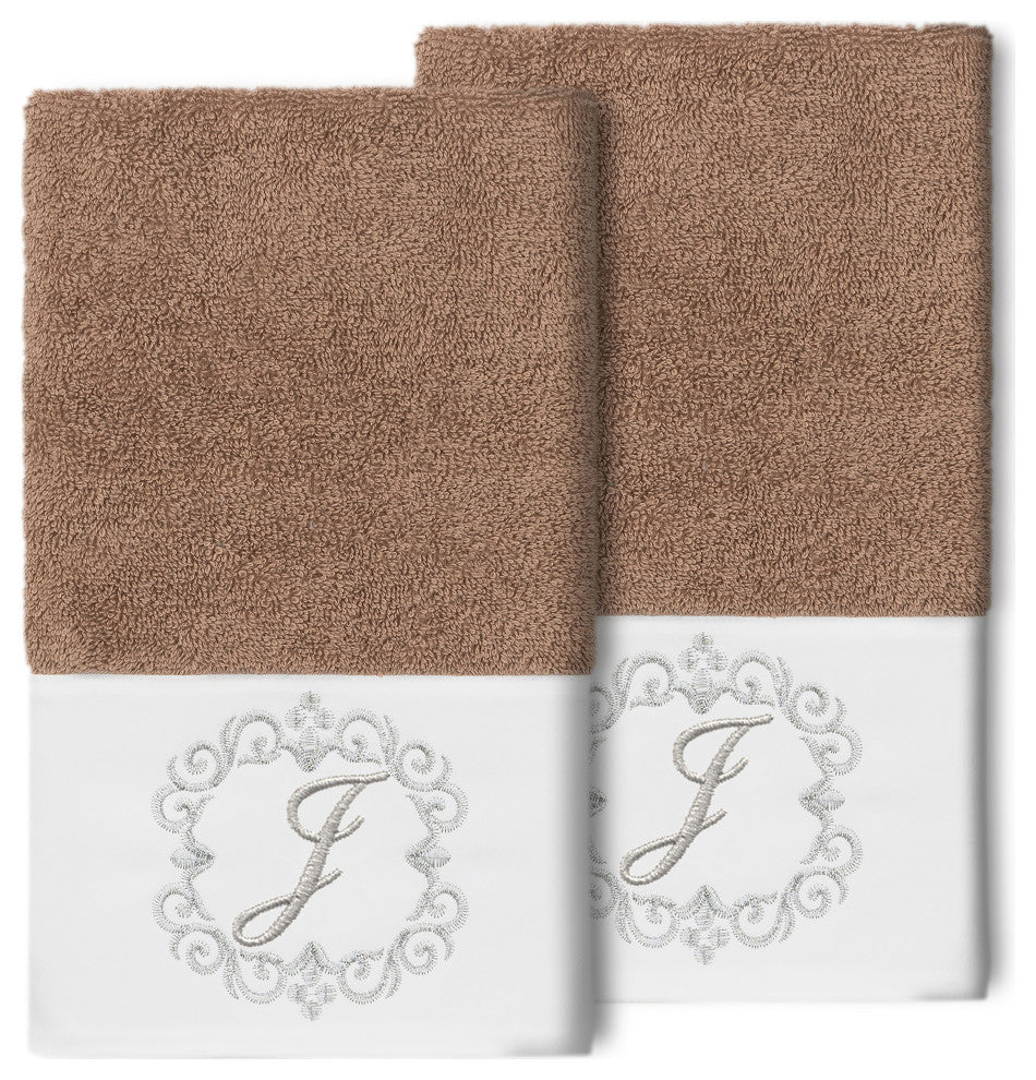 Linum Home Turkish Cotton Monica 2-Piece Embellished Hand Towel Set, Latte