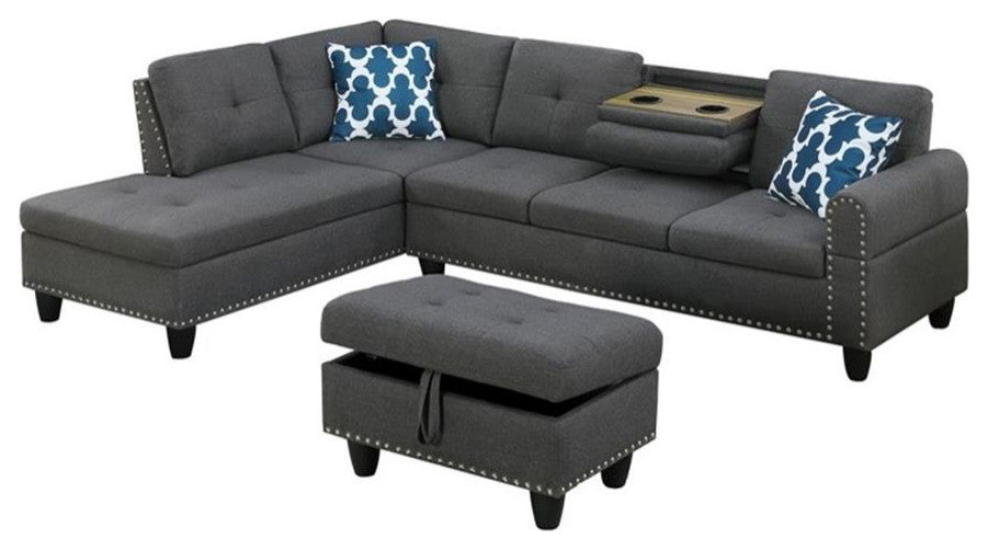 Devion Furniture Polyester Fabric Sectional Sofa with Ottoman-Gray